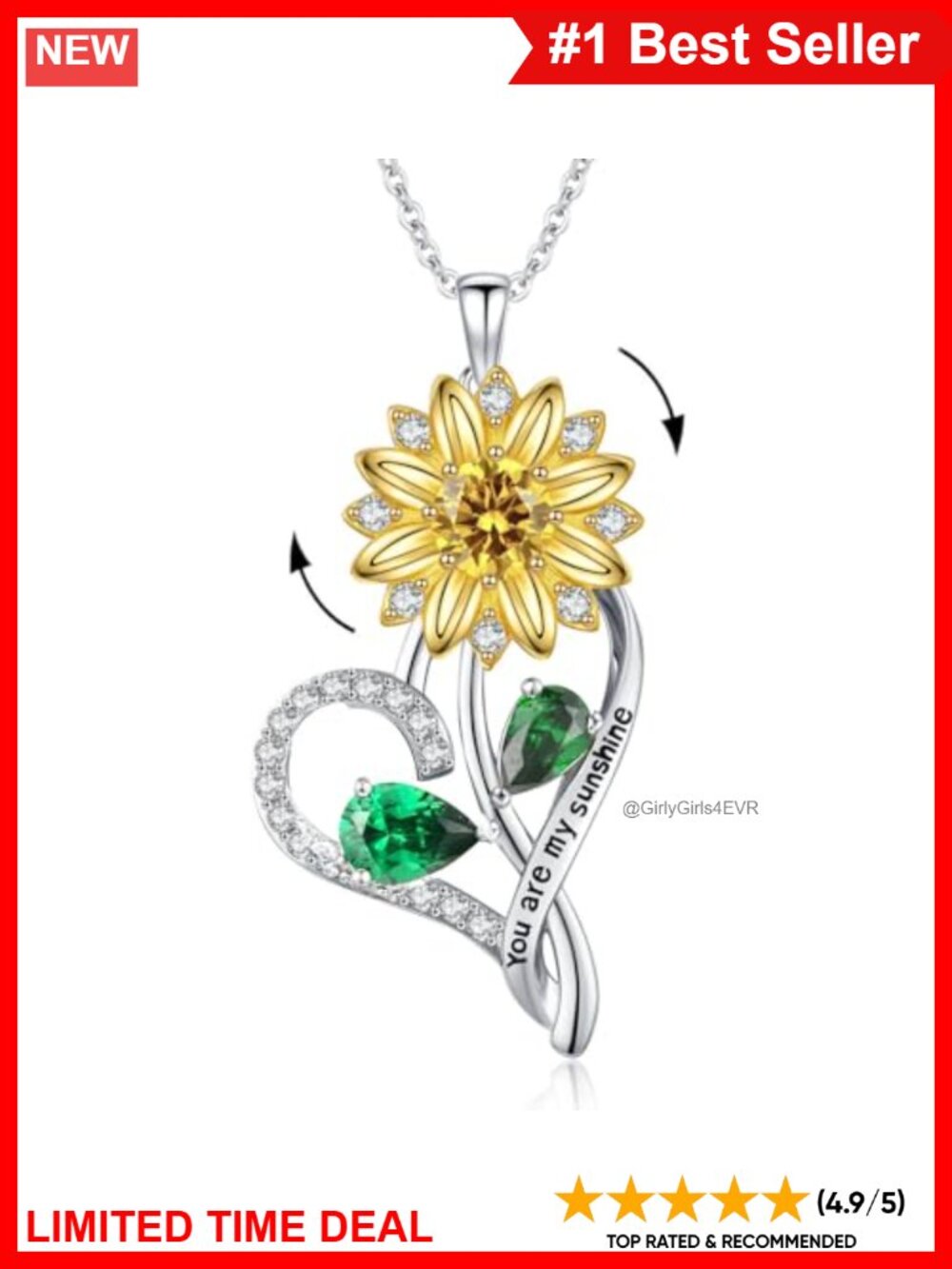 18K Gold Plated Sterling Silver Sunflower Birthstone Pendant Necklace